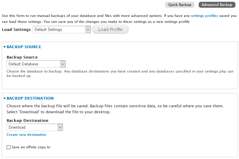 Backup and Migrate - Advanced Backup