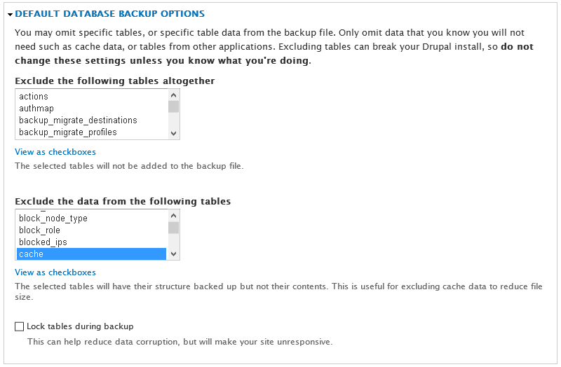 Backup and Migrate - Advanced Backup: Default Database Backup Options