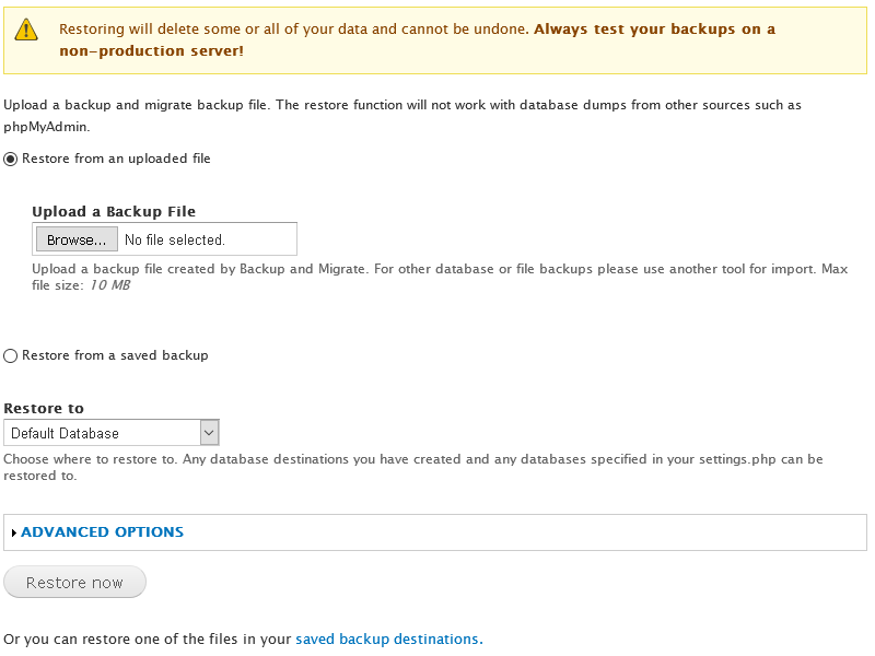 Backup and Migrate: Restore