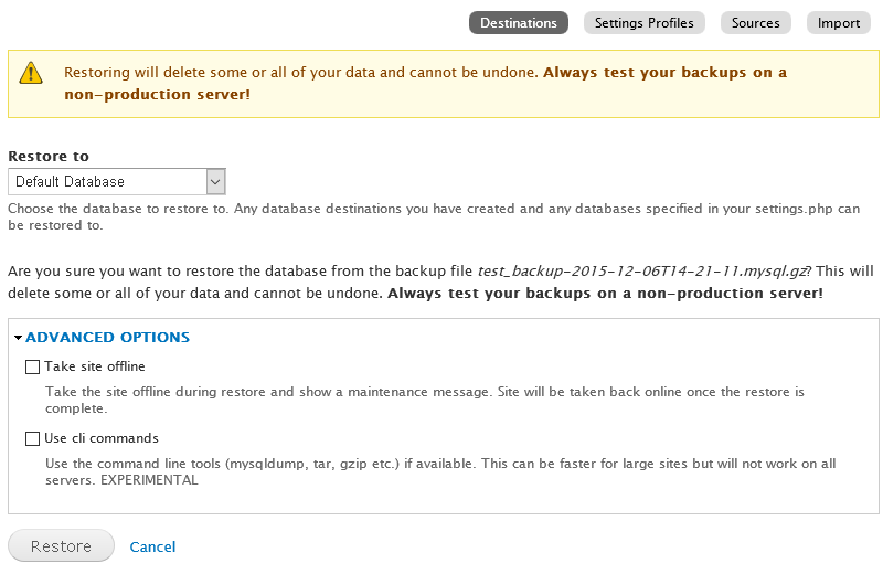Backup and Migrate: Saved Backup - Restore