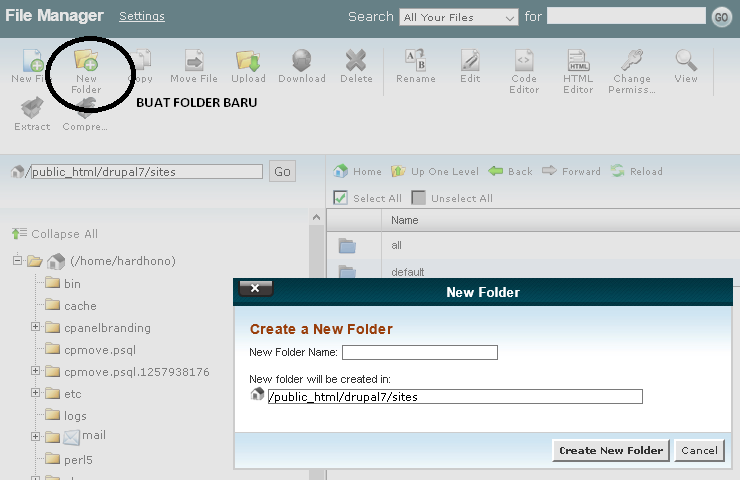 New Folder File Manager pada Cpanel