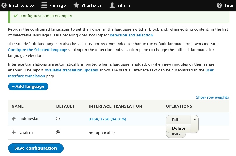 Menghapus Bahasa Indonesia di Drupal 8