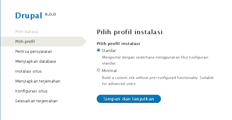 Instal Drupal 8 - Pilihan Profil