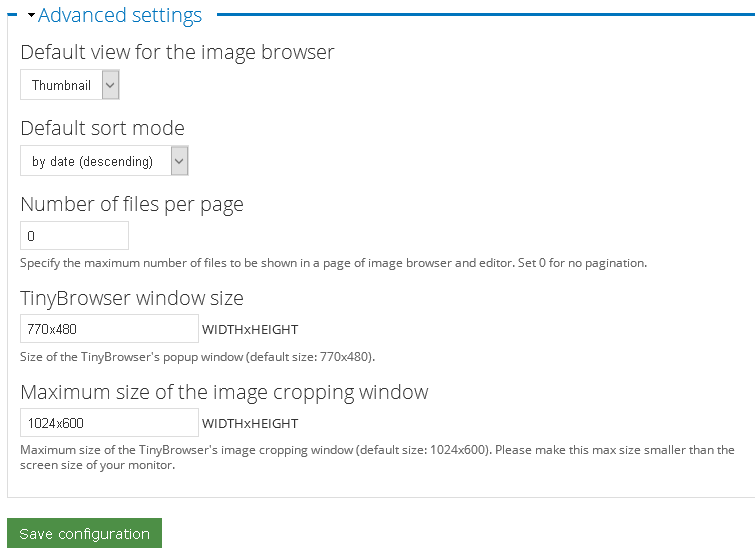 TinyBrowser: Advanced settings