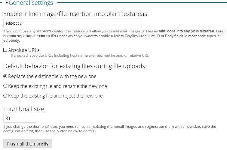 TinyBrowser: General settings
